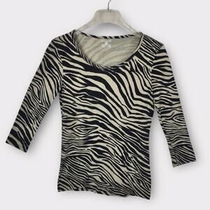 Jones NY Zebra Animal Print Tee Shirt 100% Cotton 3/4 Sleeve Top